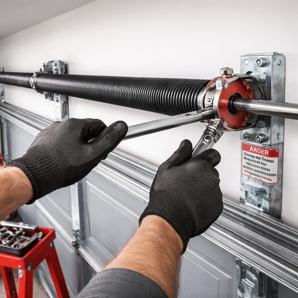 Technician performing garage door spring repair in Beverly, MA