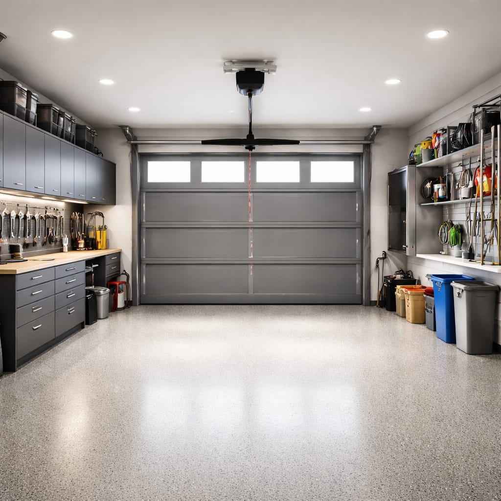 Premium garage door service with technician inspecting a modern garage door